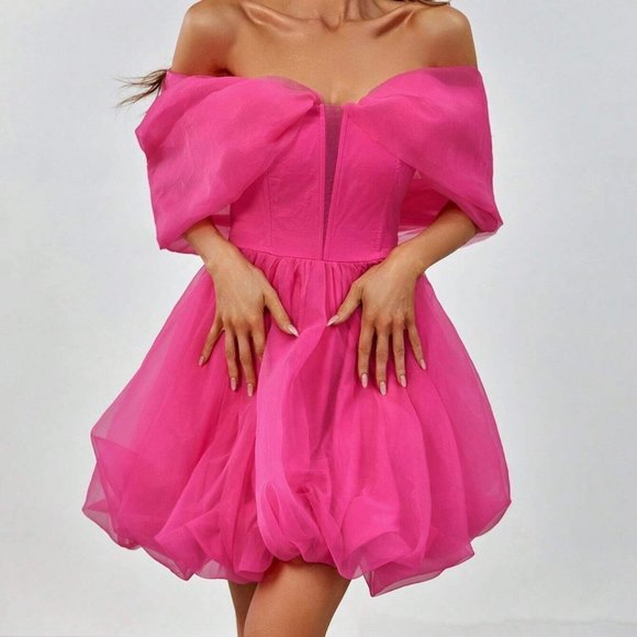 Pink Boho Womens Off Shoulder Mesh Overlay Party Dress - Picture 5 of 5